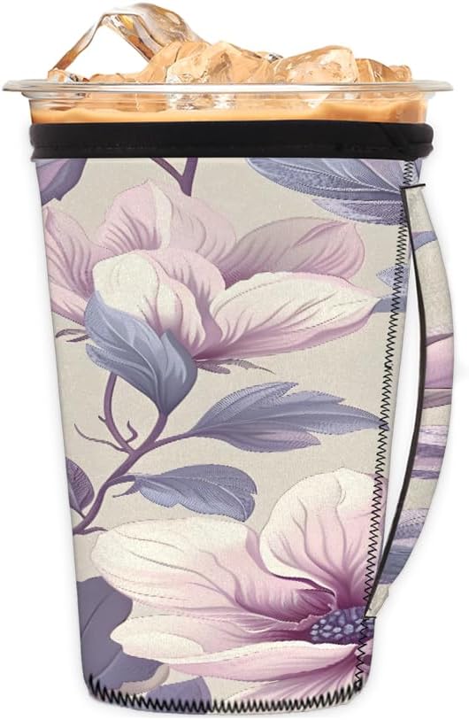 Reusable Iced Coffee Cup Sleeve Flowers Leaf Neoprene Insulated Sleeves Cup Holder with handle Idea for 16oz - 18oz