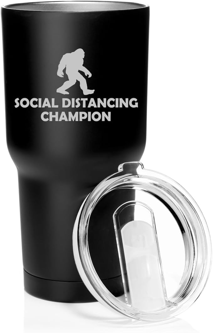 Smooth Body Tumbler Stainless Steel Vacuum Insulated Travel Mug Cup Gift Social Distancing Champion Bigfoot Sasquatch (Black, 30 oz)