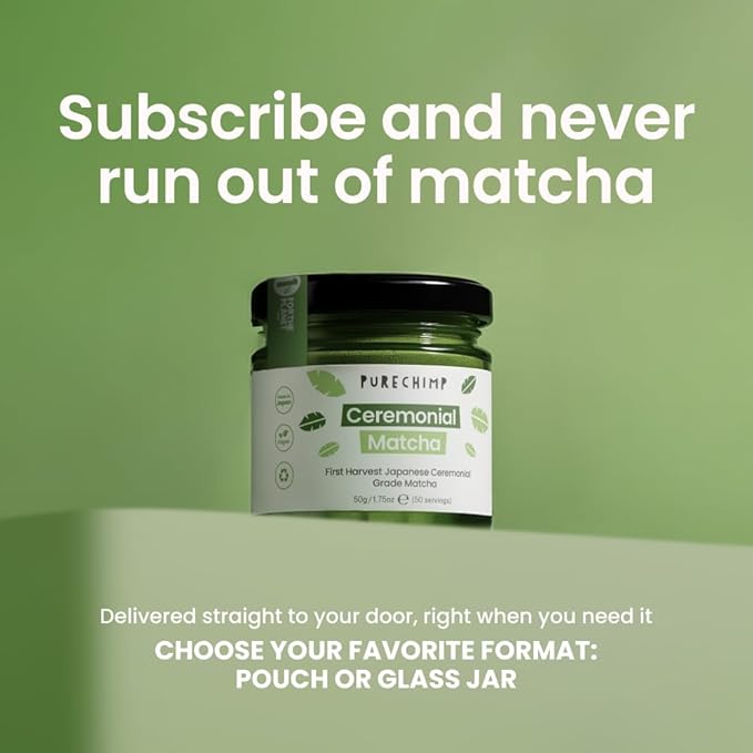 PureChimp Ceremonial Grade Matcha Powder 1.75oz. Pure Japanese Matcha Ceremonial Grade Tea, Shade-Grown in Kagoshima. Antioxidant-Rich Green Tea Powder for Lattes. Recyclable Glass Jar, Unsweetened