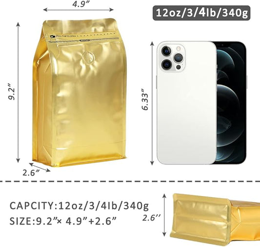 coffee bags with Valve High Barrier Aluminumed Foil Flat Bottom Standing Coffee Beans Storage Bags,Reusable Heat Sealable Side Zipper Pouches (12oz/100pcs, Gold)