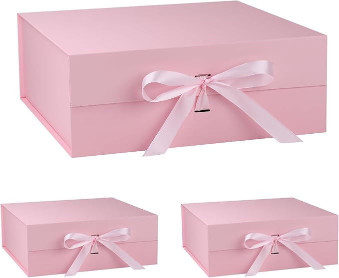 OEMVALATY Pink Gift Box,18x18x6 Inches Gift Boxes with Lids for Presents with Magnetic Closure and Ribbon for Wedding,Storage,Birthday(3-Pack)