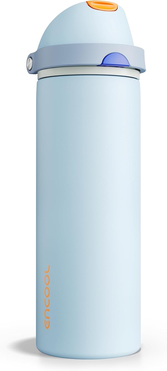 Insulated Water Bottle with Straw - Encool Stainless Steel Water Bottle with Push Button Lid, Leak-Proof & BPA-Free, Keeps Cold for 24 Hours for Sports, Travel, Gym (24 oz, Hazy Blue-Blue)