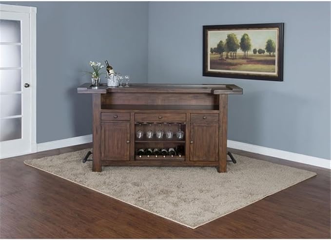 Pemberly Row 78" Farmhouse Wood Freestanding Island Home Bar Unit, Stemware Wine Rack, Storage Cabinets, for Kitchen and Basements, in Mahogany Brown