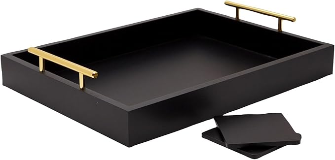 Juvale Wooden Serving Tray - 15.7 x 11.8 x 3.1 in, Black Rustic, Includes 2 Coasters - Decorative Tray with Interchangeable Gold & Silver Handles - Sofa & Ottoman Use, Coffee Table Decor