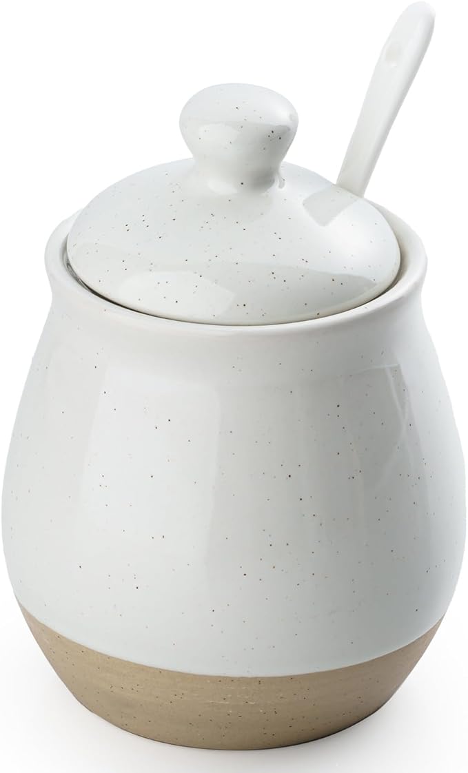 famiware Milkyway Sugar Bowl with Lid and Spoon, 10oz Ceramic Sugar Jar/Pot/Dispenser for Salt, Condiments, Spice, Seasonings, Sugar Container for Coffee Bar, Home, Kitchen, and Countertop, White