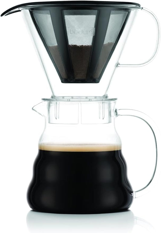 Bodum Melior Pour Over Borosilicate Glass Coffee Dripper with Carafe Lid and Stainless Steel Filter, 20 Ounce, Clear