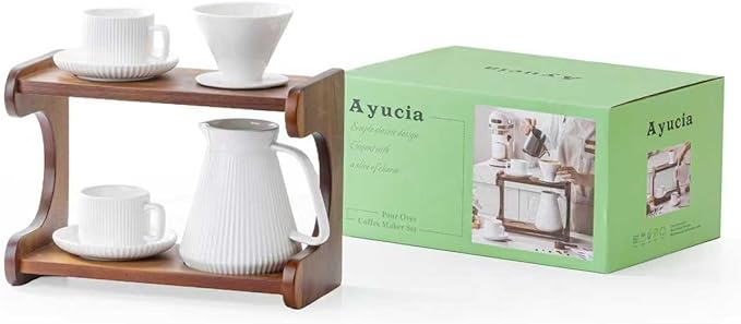 22OZ Pour Over Coffee Maker Set with Acacia Wood Stand and 5oz Cups&Saucers Set of 2, Ceramic White Cream V60 Pour Over Coffee Dripper Set for Home Café Restaurant Camping