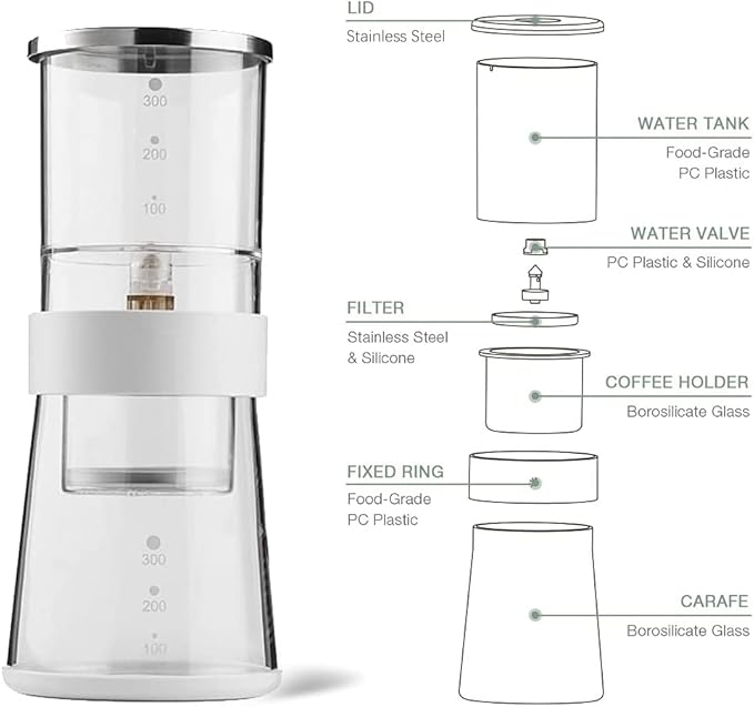 Ice Drip Coffee Maker 14oz Cold Brew Coffee Smooth Dripper Slow Cold Drip Iced Coffee Concentrate Brewer with Adjustable Water Flow, Stainless Steel Filter