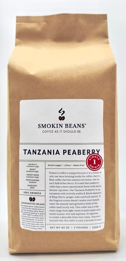 5-Pound Tanzania Peaberry, Unroasted Green Arabica Coffee Beans, Fresh Current Crop Specialty Grade, Roast the Beans Yourself at Home on Your Roasting Equipment Prior to Using for Brewing Coffee