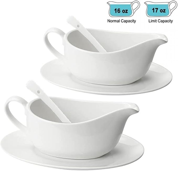 Qlans Gravy Boat With Ladle and Saucer 17 Oz,Ceramic Sauce Boat with Tray for Salad Dressings Milk,Warming Sauces,Creamer,Broth,Black Pepper,White (2 PCS New Gravy Boat With Ladle and Saucer)