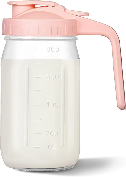 Mason Jar Pitcher, 32 oz Glass Milk Pitcher, Wide Mouth & Leakproof Glass Pitcher with Lid for milk, Sun Tea, Juice, Cold Brew Coffee and Drinks