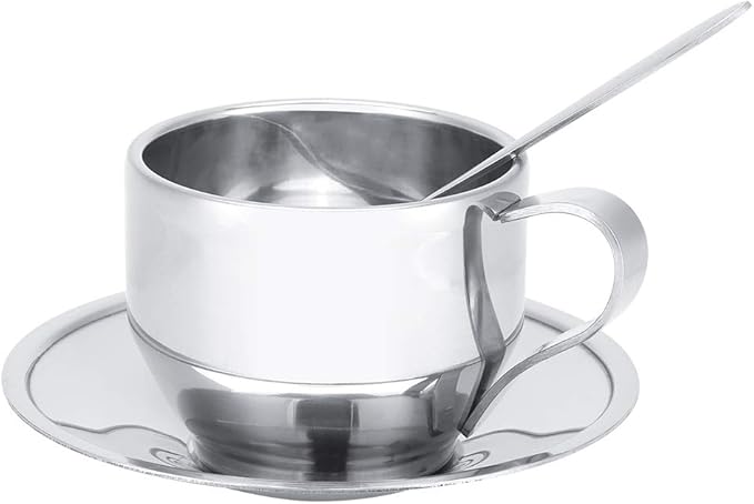 Stainless Steel Mug and Saucer Set, 4 oz Insulated Coffee Cup Double Wall Espresso Cups with Saucer and Spoon Coffee Mug for Latte, Cappuccino, Milk, Tea, Hot and Cold Beverages