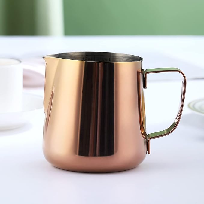Milk Frothing Pitcher 12oz - 350ml, Kyraton Stainless Steel Espresso Steaming Pitchers with Decorating Pen,Milk Coffee Frother Cups Cappuccino Latte Art Barista Steam Pitchers Milk Jug Cup (Rose Gold)