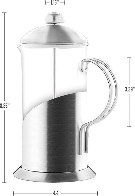 OVENTE French Press Coffee Maker 20 Ounce with Heat Resistant Borosilicate Glass, Stainless Steel Design and 4-Level Filter System, Portable Cold Brewer Pot for Travel, Camping or Gift, Silver FSL20S