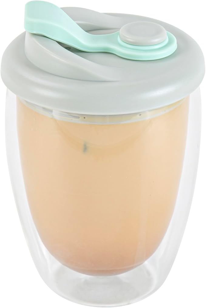 Restaurantware Glass Travel Mug 1 Count 12 Ounce Double Wall Borosilicate Reusable Coffee Cup, Spill-Resistant Gray and Green Silicone Lid, Clear Drinkware Mug for Hot and Cold Beverages