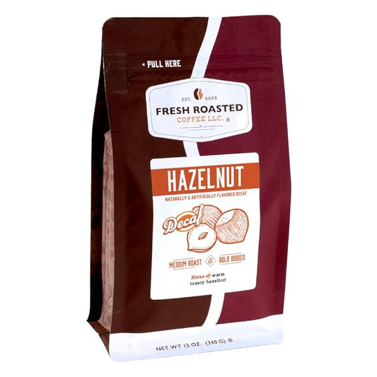 Fresh Roasted Coffee, Decaf Hazelnut Flavored Coffee, 12 oz, Medium Roast, Kosher, Whole Bean