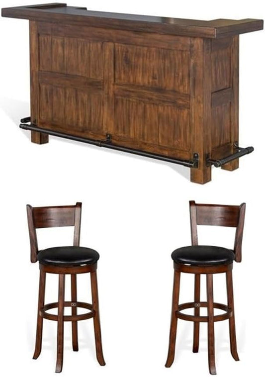 Pemberly Row Set of 3 Polished Brown Wood Bar Unit & 2 Swivel Barstool with Back