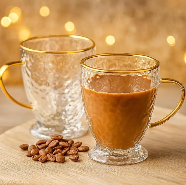 Sister.ly Drinkware, Hammered Double Wall Glass Coffee Cups with Gold Rim and Gold Handle, Insulated Glass Coffee Mugs, Set of 2, 12 ounces. Perfect for Espresso, Latte, Tea, Irish Coffee
