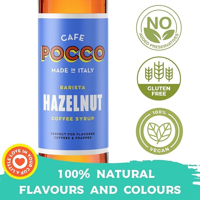 Cafe Pocco Premium Hazelnut Coffee Syrup with Pump - Gluten Free and Vegan Syrup, Ideal for Lattes, Cappuccinos, Espresso, Americano - Glass Bottle 750ml (Pack of 1