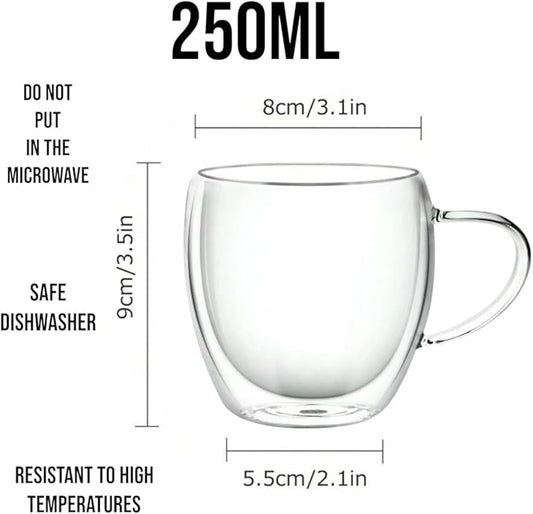 Double Wall Glass Coffee Mugs with Handle, 8.5 oz, Set of 4, espresso coffe cups in your gift box,for latte,tea bags,insulated for hot and cold drinks, Borosilicate Glass