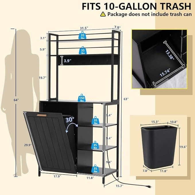 Kitchen Bakers Rack with Storage Shelf - 6-Tier Microwave Stand Oven Cabinet W/Tilting Trash Can Bin and Power Outlet, Farmhouse Thickened Coffee Bar Table Station W/6 Hooks&Adjustable feet