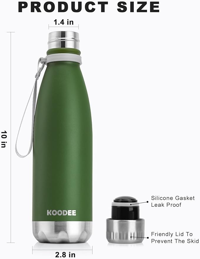 koodee Water Bottle-17 oz Stainless Steel Double Wall Vacuum Insulated Water Bottle BPA Free, Leak Proof Sports Water Bottle for School(Grass Green)