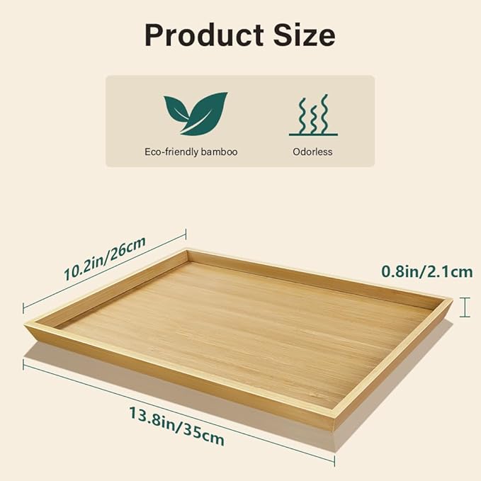 2pcs Rectangular Bamboo Serving Tray for Eating Drinks Storage Snacks TV Breakfast Coffee Parties Bathroom(13.8"x 10.2"x 0.8")