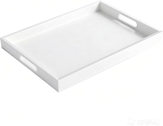 Krismax Wooden Serving Tray with Handles, Serving Platter 15.7x11.4 Inch Food Drinks Tray for Coffee Table,Decorative Storage Tray for Entertaining, Breakfast Tray in Bed,Lunch,Dinner,BBQ(White)
