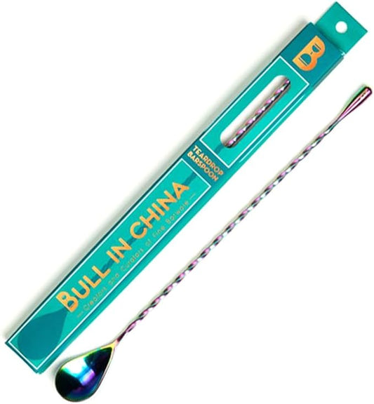 Teardrop Barspoon by Bull In China - 16" / 40cm Rainbow Chrome Weighted Cocktail Stirring Spoon With Spiral Pattern for Bars & Bartenders