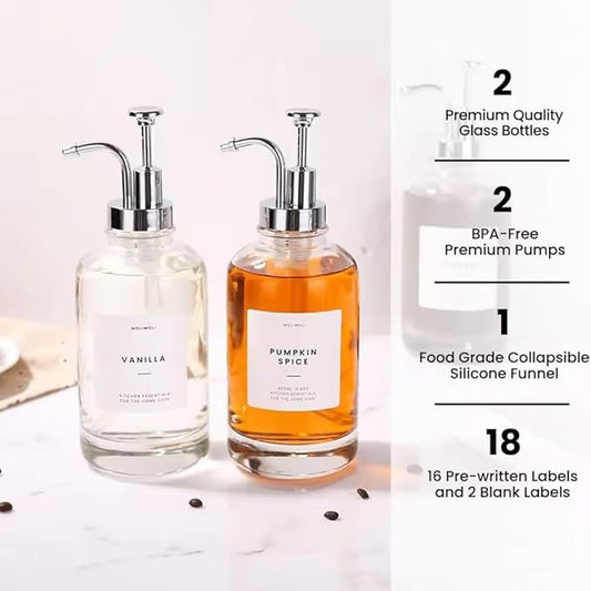 Coffee Syrup Dispenser, 2pcs 16.9oz Coffee Bar Accessoriesfor Coffee Bar, Syrup Dispenser with 36 Labels and Brush, Coffee Syrup Bottles with Golden Pump (Sliver)