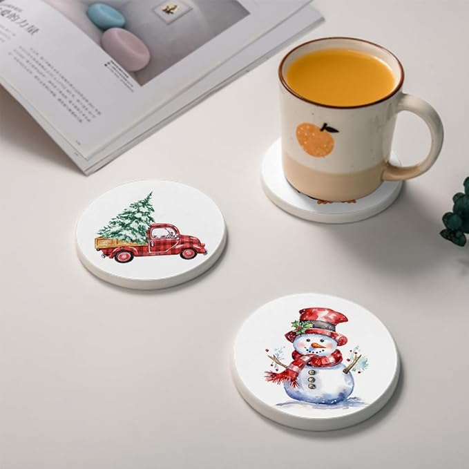LOKMU Coasters for Drinks,Round Absorbent Ceramic Stone Coaster Sets of 6 with Metal Holder Stand,Watercolor Christmas Coasters with Cork Base for Coffee Wooden Table,Housewarming Gifts