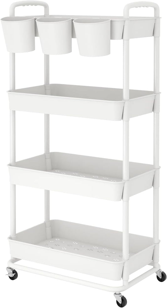 JIUYOTREE 4-Tier Plastic Rolling Storage Cart Utility Cart with Extra Hanging Cups Handles Lockable Wheels for Living Room Bathroom Kitchen Office White