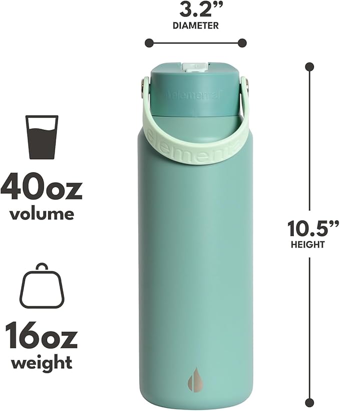 Elemental 40oz Insulated Water Bottle with Straw - 100% Leak-Proof Stainless Steel Core Water Bottles for Travel, Sports and Gym - Double Wall Insulation & BPA Free - Sage