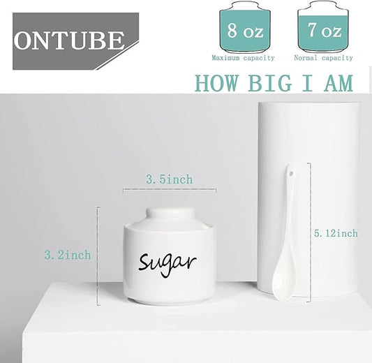 ONTUBE Ceramic Small Sugar Bowl with Lid and Spoon,Porcelain Sugar Pot,8oz (White)