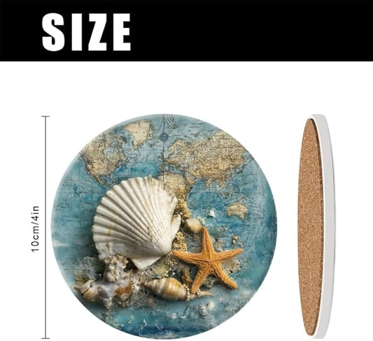 Absorbent Beach Coasters Set of 6 Retro Marine Creatures Coasters Cork Base Tabletop Protection,Home Coast Nautical Coasters for Bar Kitchen Decor Suitable for Wooden Table Coffee Tables,Desks