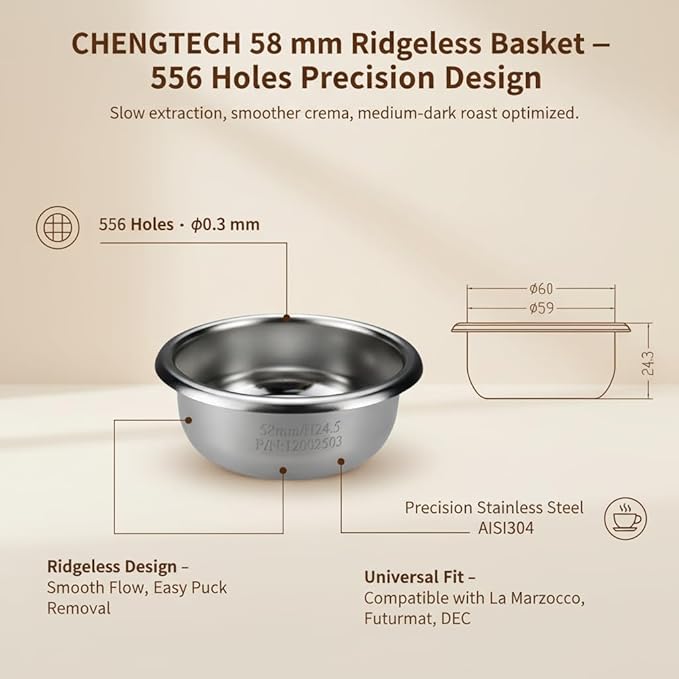 58mm Espresso Filter Basket 18g – Ridgeless Portafilter Basket, 556 Holes Slow Extraction, Universal Stainless Steel, Compatible with La Marzocco, Futurmat, DEC