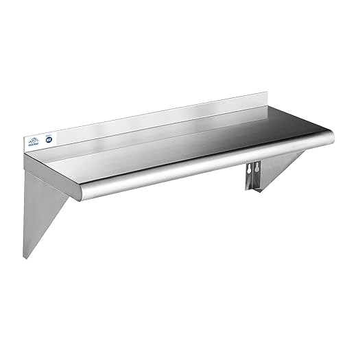 ROCKPOINT Stainless Steel Shelf 12 x 30 Inches 280lb, NSF Metal Commercial Shelves Wall Mount Floating Shelving with Backsplash for Restaurant, Kitchen, Home and Hotel, Silver