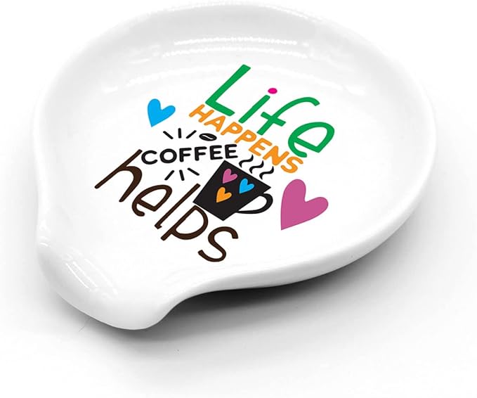 Funny Coffee Quote Colored Pattern Ceramic Coffee Spoon Holder-Coffee Spoon Rest -Coffee Station Decor Coffee Bar Accessories-Coffee Lovers Gift for Women and Men (Life Happens Coffee Helps)