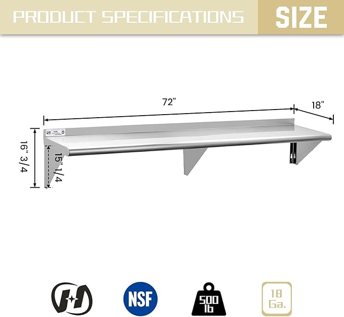 HALLY SINKS & TABLES H Stainless Steel Shelf 18 x 72 Inches, 500 lb, Commercial Wall Mount Floating Shelving for Restaurant, Kitchen, Home and Hotel