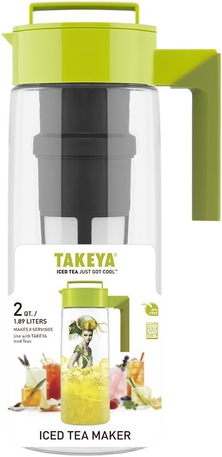 Takeya Flash Chill Iced Tea Maker - Versatile Tea Brewer for Loose/Bagged Tea - Patented Flash Chill Tech Hot/Cold Use BPA-Free Tritan Dishwasher Safe - Airtight Lid Made in USA - 2 Quart/Avocado