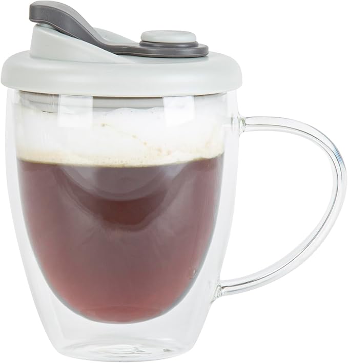 Restaurantware - Forma Professional 11.8 Ounce Insulated Travel Mug With Handle, 1 Double Wall Coffee Mug - Includes Lid, Reusable, Clear Borosilicate Glass Tumbler, Dishwashable, Microwavable