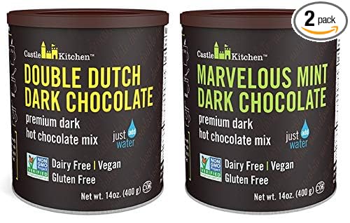 Castle Kitchen Natural Hot Chocolate Mix Variety Pack - Dairy-Free, Vegan Complete Mixes - Just Add Water - Pack of 2 (Double Dutch Dark Chocolate & Marvelous Mint Dark Chocolate) 14 oz Each