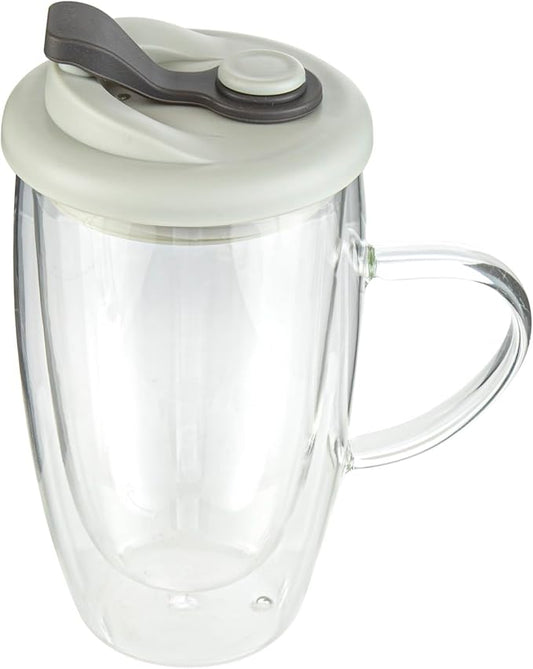 Restaurantware Glass Travel Mug 1 Count 15 Ounce Double Wall Borosilicate Reusable Coffee Cup, Spill-Resistant Gray Silicone Lid, Clear Drinkware Mug for Hot and Cold Beverages