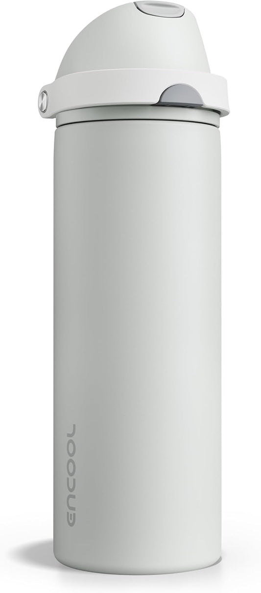 Insulated Water Bottle with Straw - Encool Stainless Steel Water Bottle with Push Button Lid, Leak-Proof & BPA-Free, Keeps Cold for 24 Hours for Sports, Travel, Gym (24 oz, Silver Grey)