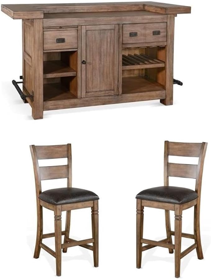 Pemberly Row Set of 3 Wood Bar Unit and 2 Ladderback Barstool in Natural Brown