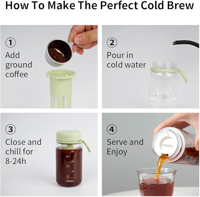 watchget Cold Brew Coffee Maker Travel Tumbler with Soft Silicone Handle Portable Iced Coffee & Tea Infuser with Airtight Lid Cold Brew Travel Cup 20oz/600ml Green