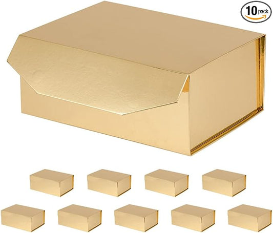 10 Small Gold Gift Boxes 9.5x7x4 Inches, Magnetic Gift Box with Lid for Gift Packaging, Wholesale gift boxes for Presents, Bridesmaid Proposal Boxes (Glossy Gold, 10pcs/pack)