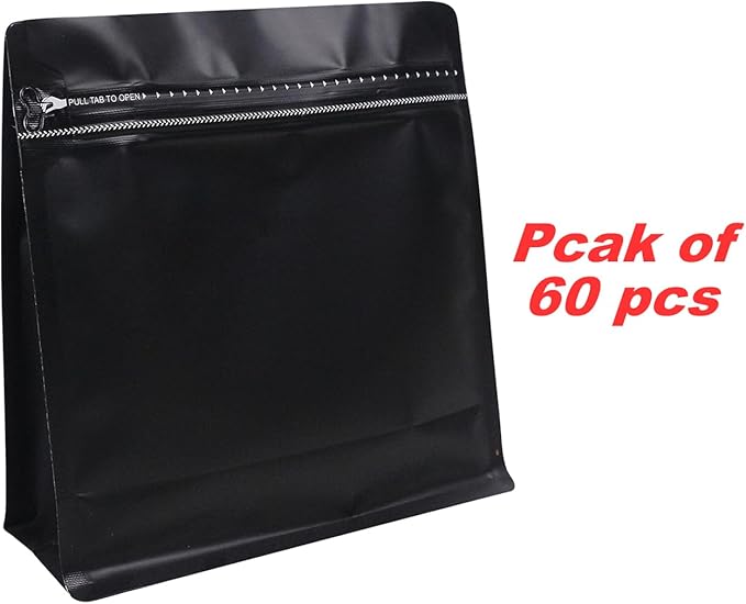 60 Pack High Barrier Stand-Up Coffee Bean Bags with Vented Valve Matte Metallic Heat-Sealable & Resealable Solid Color Pouches (Square,5.3 * 5.5 inch,1/4 lb,Black)