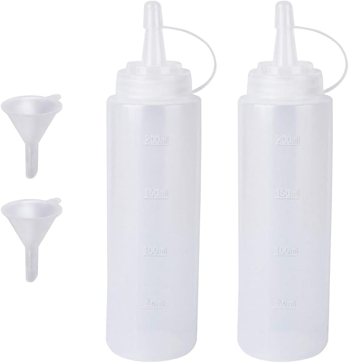 Katfort 2 Pack 8oz Plastic Sauce Bottle Squeeze Squirt with Cap, Ketchup Dispenser, Leakproof Lids, Funnel Included