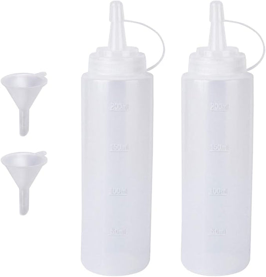 Katfort 2 Pack 8oz Plastic Sauce Bottle Squeeze Squirt with Cap, Ketchup Dispenser, Leakproof Lids, Funnel Included